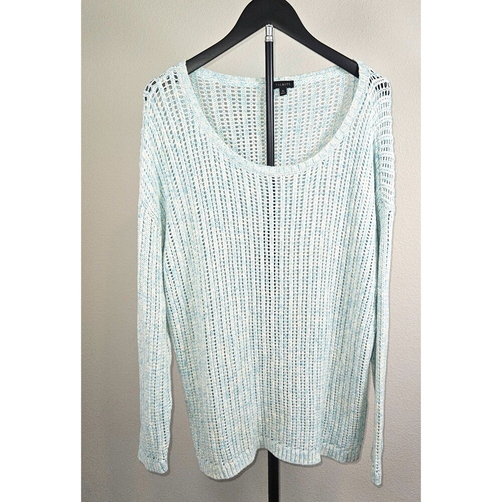 Talbots XL Open Knit Sweater Light Blue Cotton Pullover Beach Coastal Casual